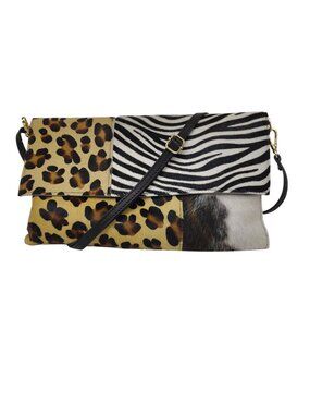 Charlie Leather Clutch/Crossbody/Shoulder Bag-Black/White-Animal Print-MED-NWT